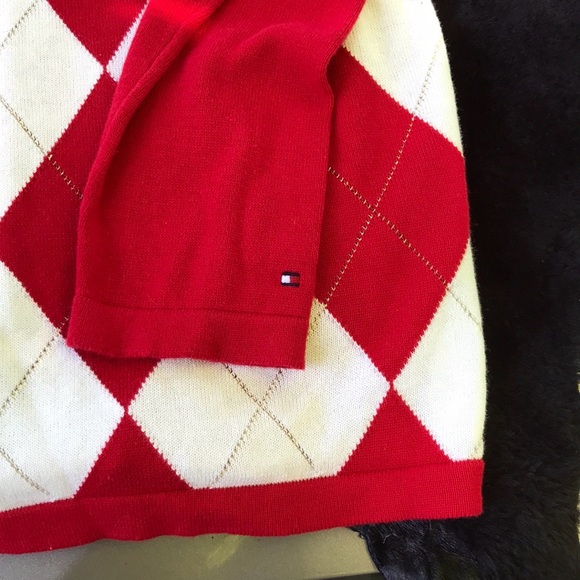Tommy Hilfiger Red White Metallic Gold Argyle V-Neck Sweater L Large Women’s - Picture 13 of 13